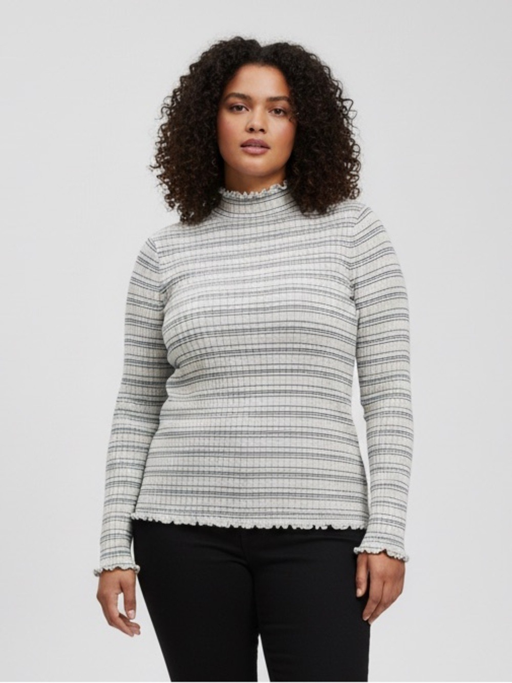 Milano Striped Ribbed Mock Neck Lettuce Trim Top Soft Wool Blend Knit Sweater M